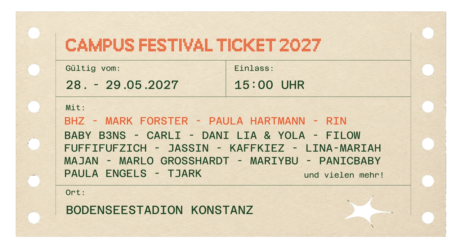Campus Festival Ticket 2027: 28. bis 29. Mai, Einlass 15 Uhr, Bodenseestadion Konstanz